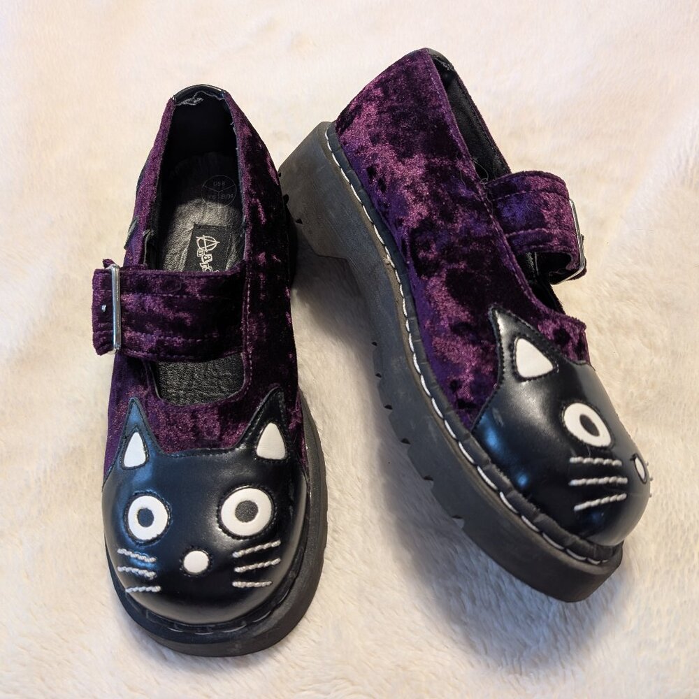 T.U.K. Black Leather and Purple Crushed Velvet Mary Janes. US8.